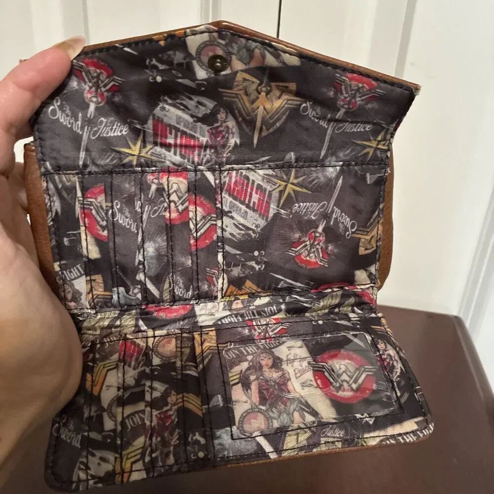 Wonder Woman Brown Zip-Around Wristlet Wallet w/ Wrist Strap, Card Slots